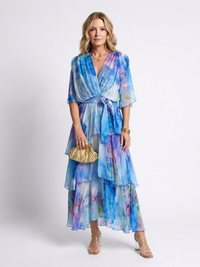 Calista | Sheer Layered V Neck Tie Waist Maxi Dress - Blue