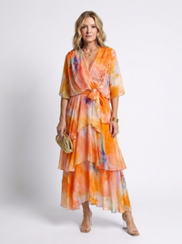 Calista | Sheer Layered V Neck Tie Waist Maxi Dress - Orange