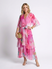 Calista | Sheer Layered V Neck Tie Waist Maxi Dress - Pink