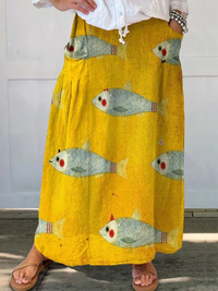 Elli | Vintage Fish Art Print Pocket Skirt - Yellow