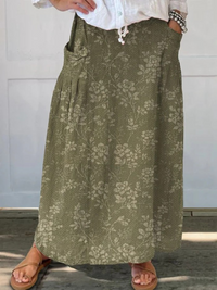 Princess | Vintage Floral Elastic waistband Pocket Skirt - Green