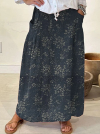 Princess | Vintage Floral Elastic waistband Pocket Skirt - NavyBlue
