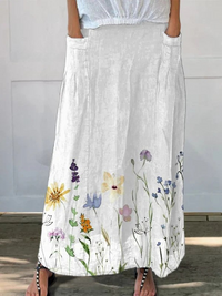 Kisha | Watercolor Spring Meadows Art Printed Elastic waistband Pocket Skirt - White