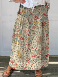 Nilva | Vintage Floral Art Printed Pocket Skirt - Beige