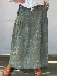 Carly | Woodland Vegetation Pattern Printed Elastic waistband Pocket Skirt - Dark Green