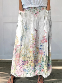 Roxane | Vintage Botanical Floral Elastic waistband Pocket Skirt - White
