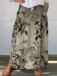 Kisses |  Retro Floral Art Elastic waistband Pocket Skirt - Khaki