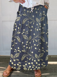 Josa | Retro Floral Art Elastic waistband Pocket Skirt - Blue