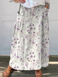 Eloisa | Vintage Floral Art Elastic waistband Pocket Skirt - White