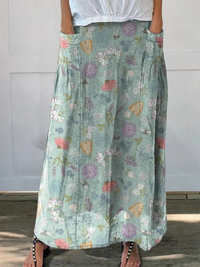 Daisy | Blooming Spring Floral And Bumble Bee Pattern Printed Pocket Skirt - Green