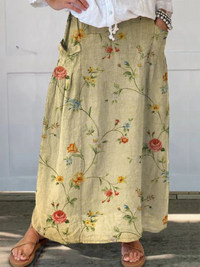 Mella | Retro Elegant Floral Art Elastic waistband Pocket Skirt - Beige