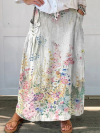 Mella | Retro Elegant Floral Art Elastic waistband Pocket Skirt - White
