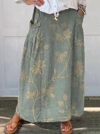 Trexie | Retro Floral Art Elastic waistband Pocket Skirt - Light Gray