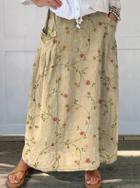 Shane | Retro Floral Art Elastic waistband Pocket Skirt - Beige