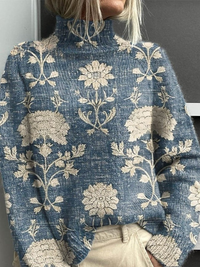 Olive | Vintage floral pattern turtleneck sweater - Blue