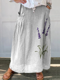 Marian | Watercolor Lavender Floral Printed Elastic waistband Pocket Skirt - White