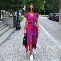 Talia™ | Stylish V-Neck Floral Dress - Red and Blue