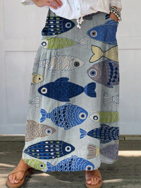 Trisia | Vintage Lovely Fish Art Print Pocket Skirt - Blue