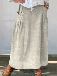 Dally | Vintage Floral Art Elastic waistband Pocket Skirt - Grey