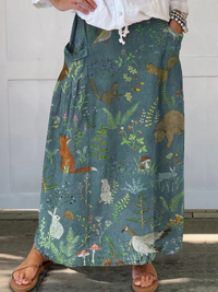 Rosil | Retro Floral Animals Art Casual Pocket Skirt - Green