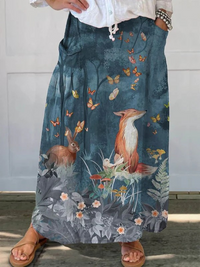 Roxy | Vintage Floral Animals Art Print Casual Pocket Skirt - Dark Blue