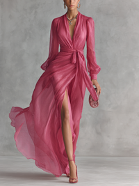 Beatrice | Elegant Chiffon V-neck Tie-waist Long Dress - Pink