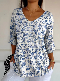 Women's Casual Knit Sweater with Blue Floral Pattern - Multicolor