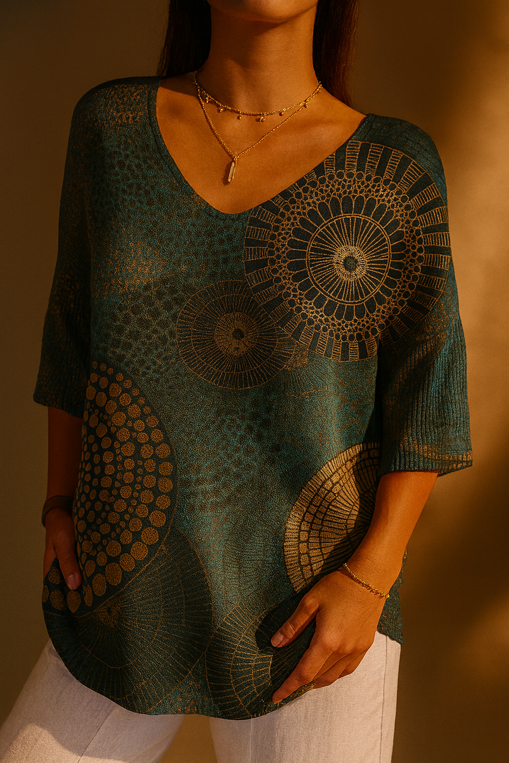 Women's Casual Knit Sweater with Vintage Abstract Geometric Pattern