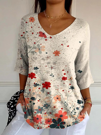 Women's Casual Knit Sweater with Vintage Floral Pattern - Multicolor