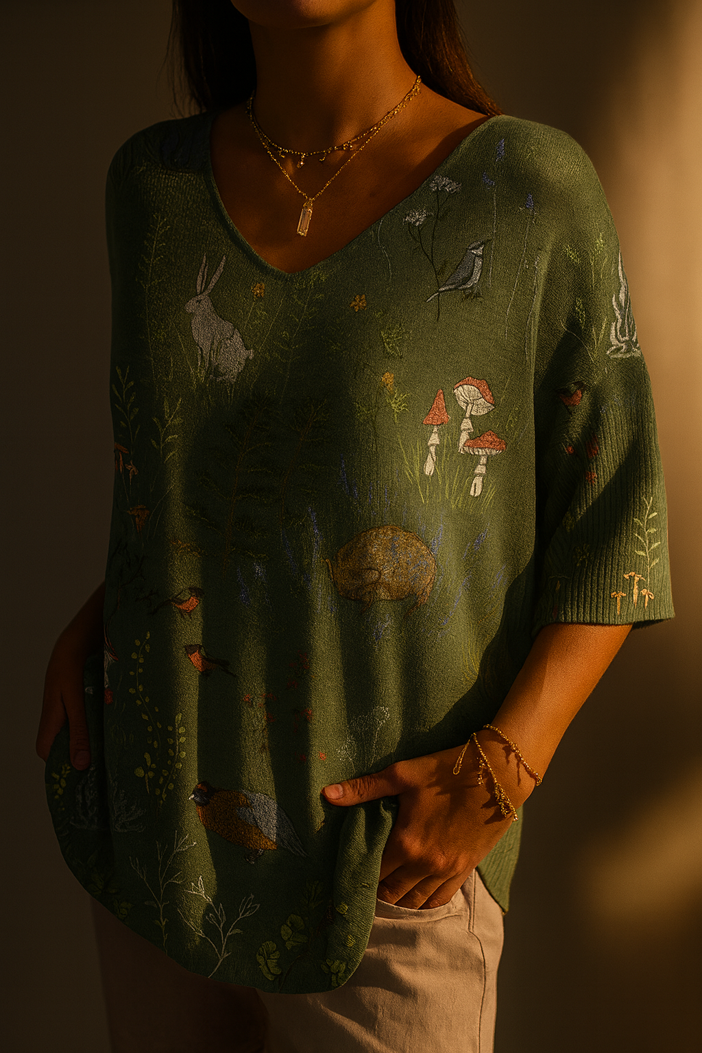 Women's Forest Pattern Sweater with Animals