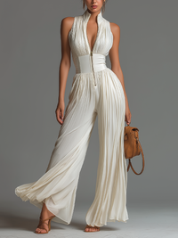 Zsófia Jumpsuit – White Pleated Chiffon - White
