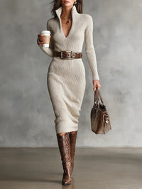 Diane | Knitted Midi Dress with Belt and High Neck - Beige