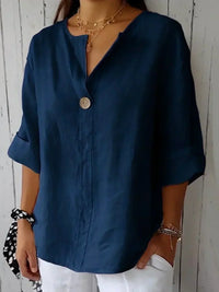 NAYLA™ - Casual V-Neck Blouse - Navy Blue