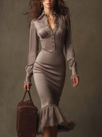 Mushroom Taupe Lace-Trim Ruched Midi Dress - Mushroom Taupe
