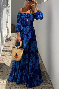 Luna™ | Long Floral Print Dress with Off-the-Shoulder Sleeves - Blue