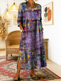 Manuela Printed Dress with Ethnic Patchwork - Purple