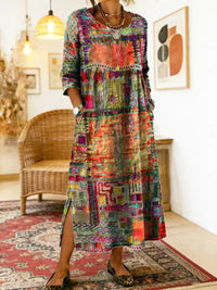 Manuela Printed Dress with Ethnic Patchwork - Orange