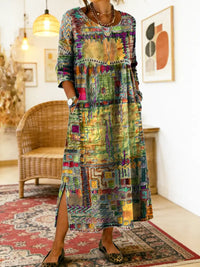 Manuela Printed Dress with Ethnic Patchwork - Yellow