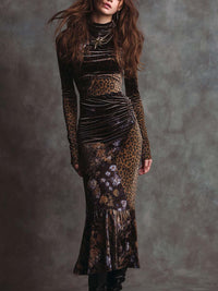Retro Gothic Leopard Print And Floral Patchwork Velvet Midi Dress - espresso brown