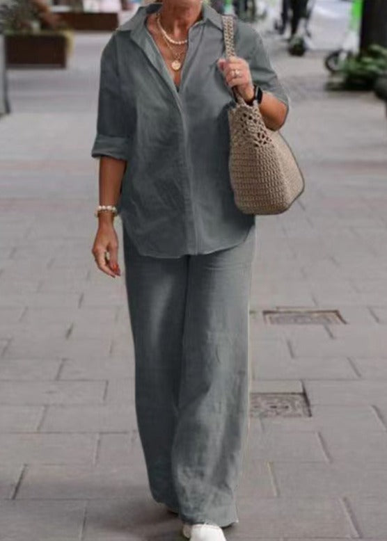Denice™ Elegant Casual Two Piece Set | Relaxed Button-Up Top and Wide-Leg Trousers