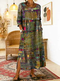 Manuela Printed Dress with Ethnic Patchwork - Military Green