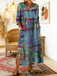 Manuela Printed Dress with Ethnic Patchwork - Blue