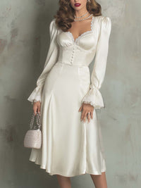 Vintage Lace Trim Polyester Satin Midi Dress - Ivory White