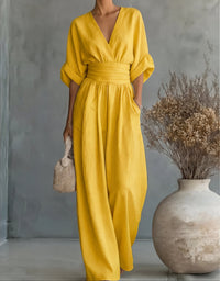 Daniela™ – Elegant V-Neck Wide Leg Jumpsuit - Yellow