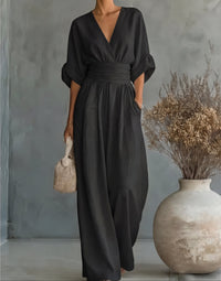 Daniela™ – Elegant V-Neck Wide Leg Jumpsuit - Black