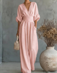 Daniela™ – Elegant V-Neck Wide Leg Jumpsuit - Roze