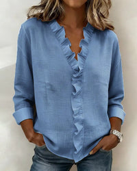 Charlotte | Ruffle Blouse with V-Neck and Long Sleeves - Blue