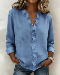 Yvonne | Blouse with Ruffles, V-Neck and Long Sleeves - Blue