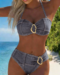Patricia™ | Metal Buckle Suspender Bikini Two-Piece - Dark Grey