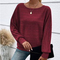 Solid Round-Neck Striped Top with Long Sleeves - Dark Red